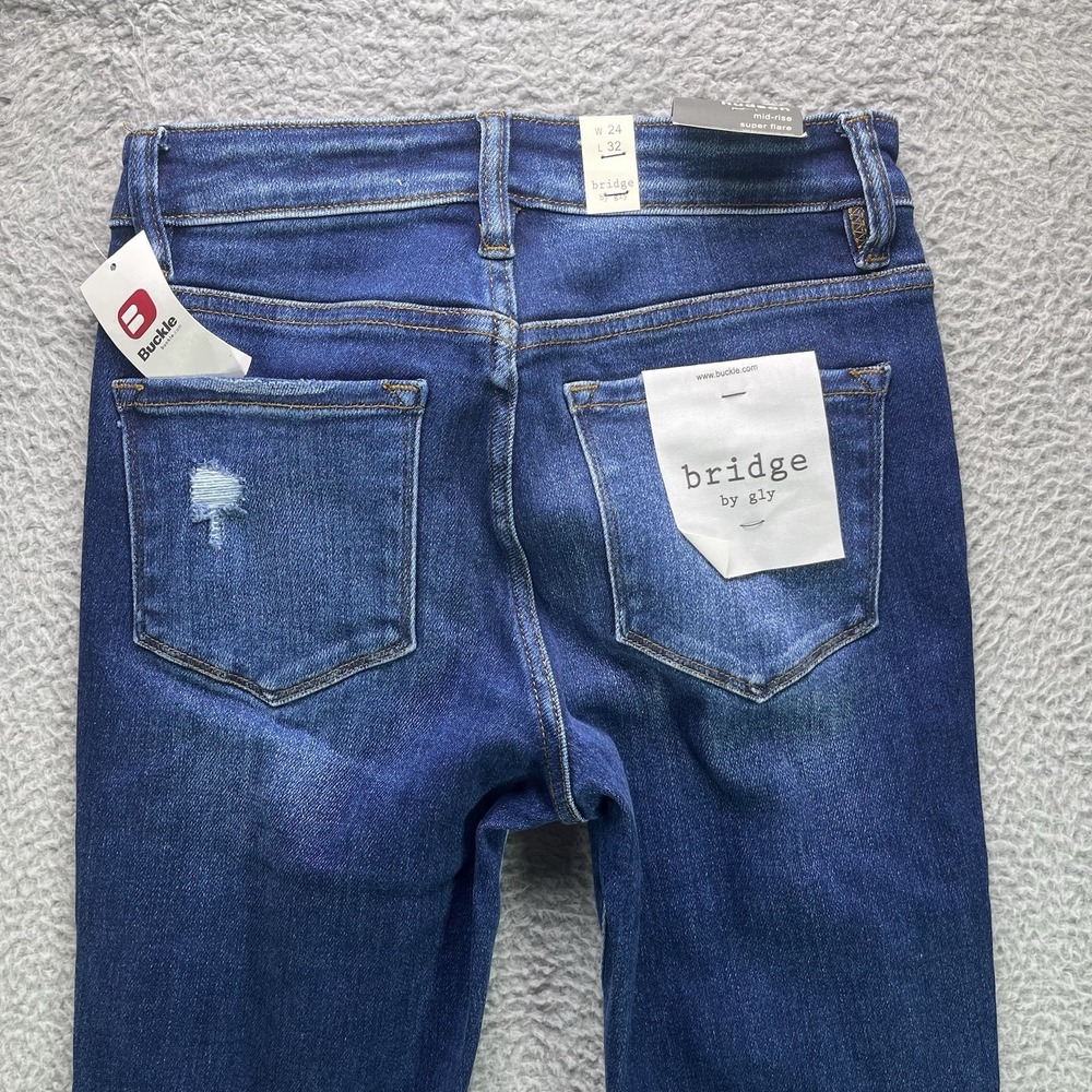 Buckle Bridge By Gly Jeans Womens 24x32 Blue Mid Rise Super Flare Dark Wash NWT - Picture 3 of 13